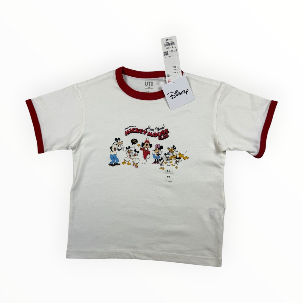 Uniqlo Disney Mickey Mouse Club Kids 5-6 Off White NEW Ringer Graphic Tee